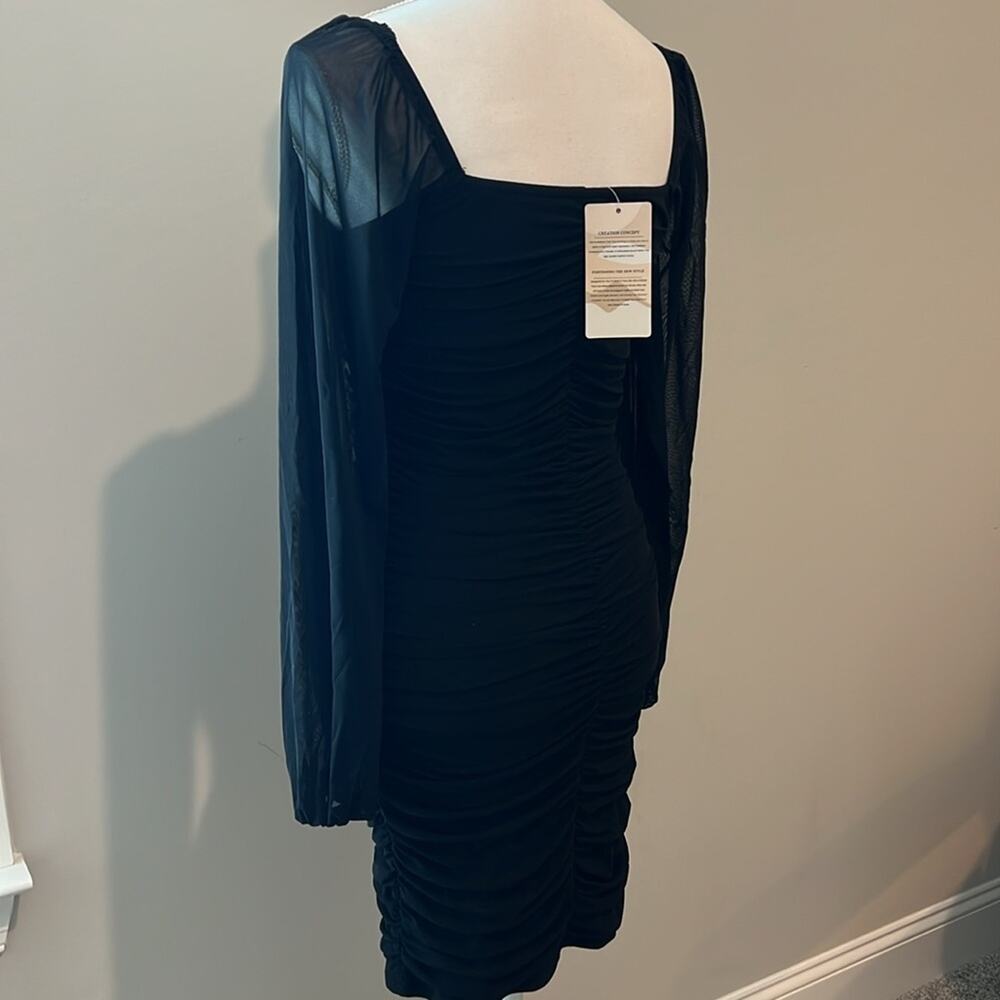 NEW Square Neck Long Sleeve Mini Ruched Bodycon Dress Stretch Cocktail Small S - Picture 9 of 16